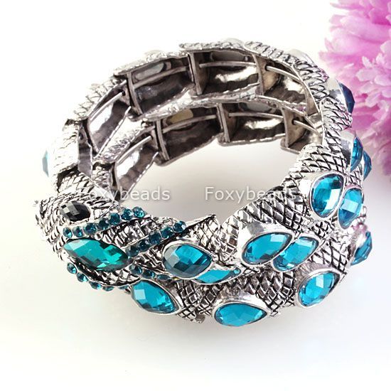 BLUE Resin*Crystal Bead Alloy Snake Cuff Charm Bracelet  