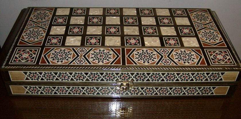 Syrian handcrafted inlaid wood mosaic chess, checkers and backgammon 