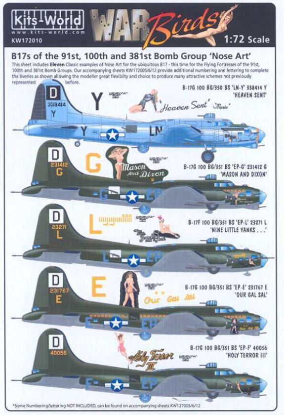   Decals 1/72 B 17 FLYING FORTRESS NOSE ART 91st 100th 381st Bomb Group