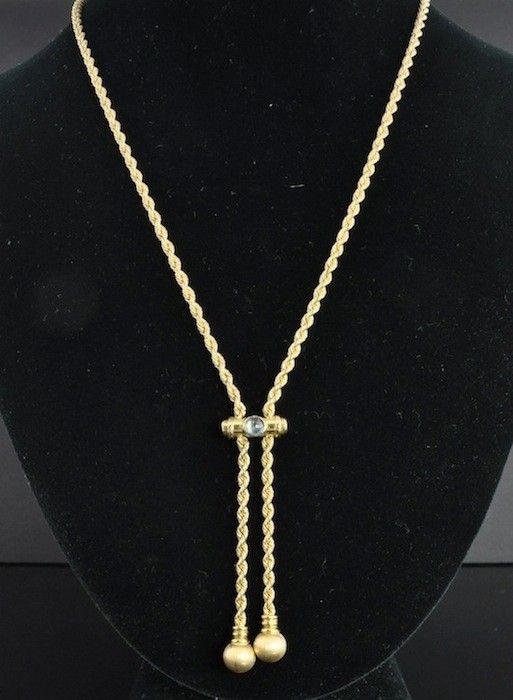   18K Gold Aquamarine Lariat Slide Rope Chain Y Tassel Necklace  