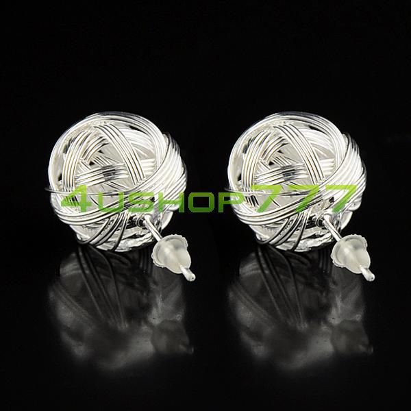 Silver Tone Metal Mesh Round Ball Post Stud Earrings  