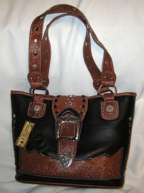 Western Leather Look Purse/Handbag   Patterned Trim/Buckle   Brand New 