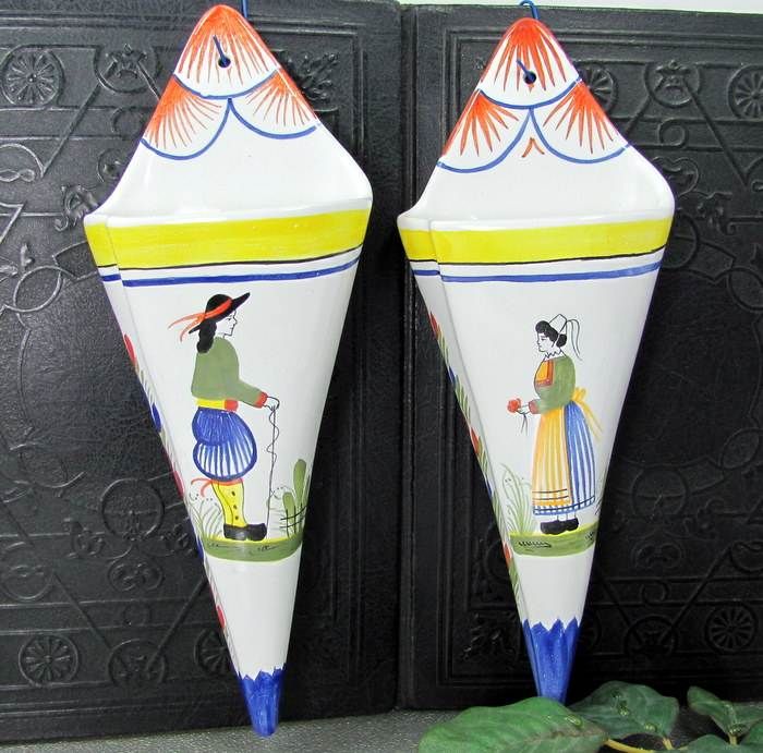 HB HENRIOT QUIMPER Wall Pocket Pair Vase Breton Peasant FRENCH Folk 