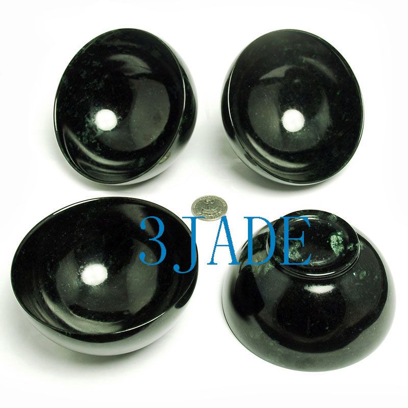 Four 4 Handmade Natural Black Green Jade Bowls  