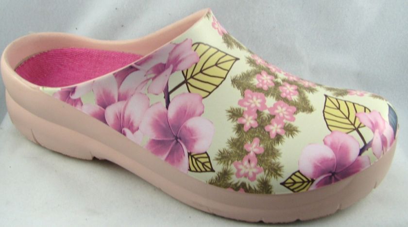 Womens All Weather Pink Flower Garden Clogs Sizes 5 12  