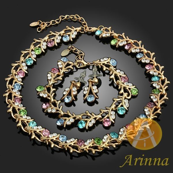   New Colorful branch Necklace Earrings Chain Set GP Swarovski Crystal