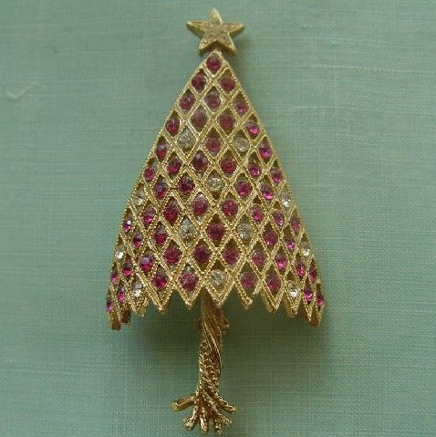 Signed Corocraft Vintage Pink/Clear Curved Christmas Tree Pin Brooch 