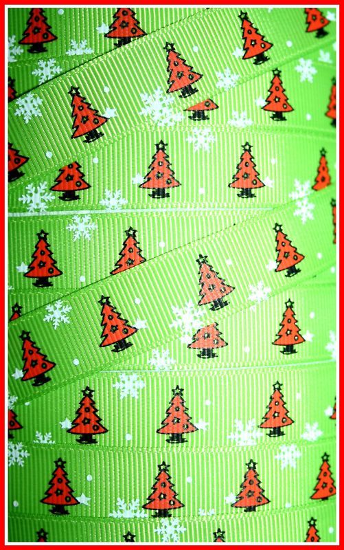 CHRISTMAS TREES GROSGRAIN RIBBON LIME GREEN  