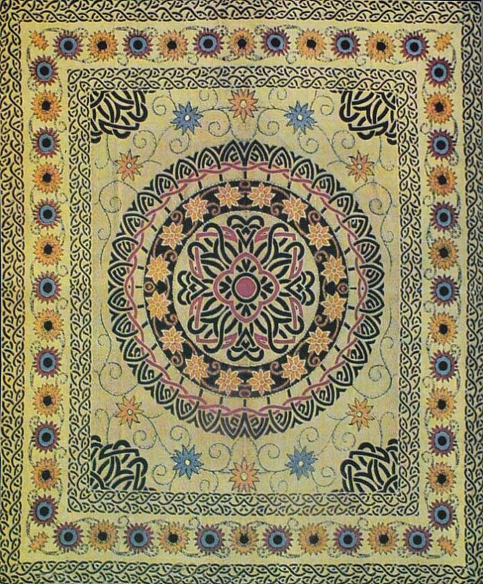   printed with many layers of colored dye, making each tapestry unique