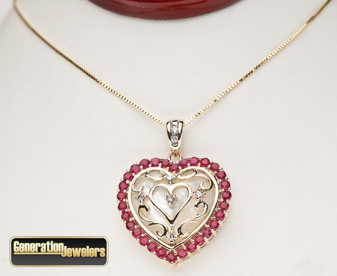 Dazzling Diamond and Ruby Heart Pendant 14K Yellow Gold Free Insured 