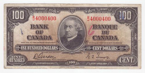 1937 BANK OF CANADA $ 100 ONE HUNDRED REPEATER 2 DIGITS  