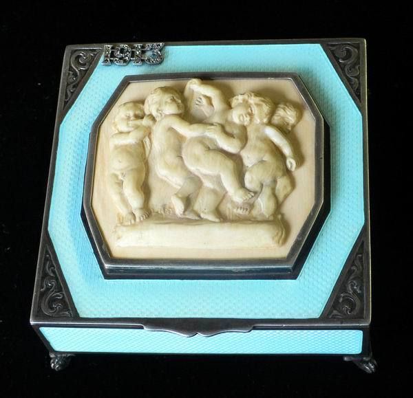 ANTIQUE SILVER GLISHE ENAMEL CARVED PLAGUE JEWELRY BOX  