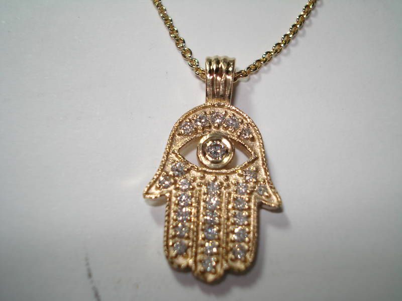 14K YELLOW GOLD HAMSA HAND OF GOD DIAMOND PENDANT   