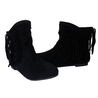   Fringed Detail Pocahontas Slip in Flat Ankle Boots Black AllSz  