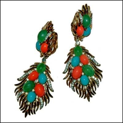 TRIFARI FAUX CORAL, TURQUOISE RHINESTONE CLIP EARRINGS  