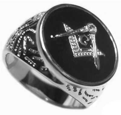 Mens Black Round Masonic Mason Rhodium Plated Ring  