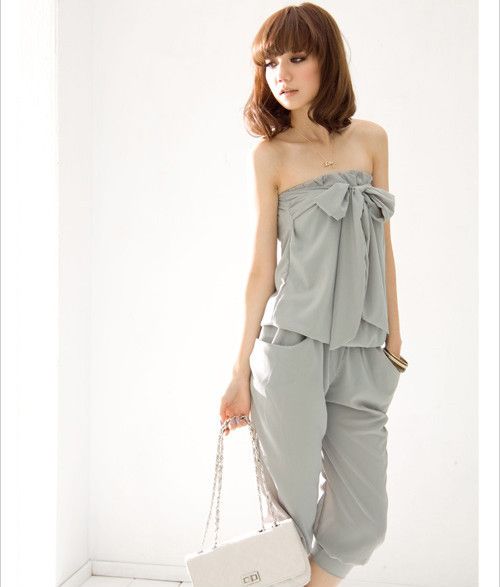 Korea Bowknot Bandeau Trouser Jump Suit Pant Gray GC78  