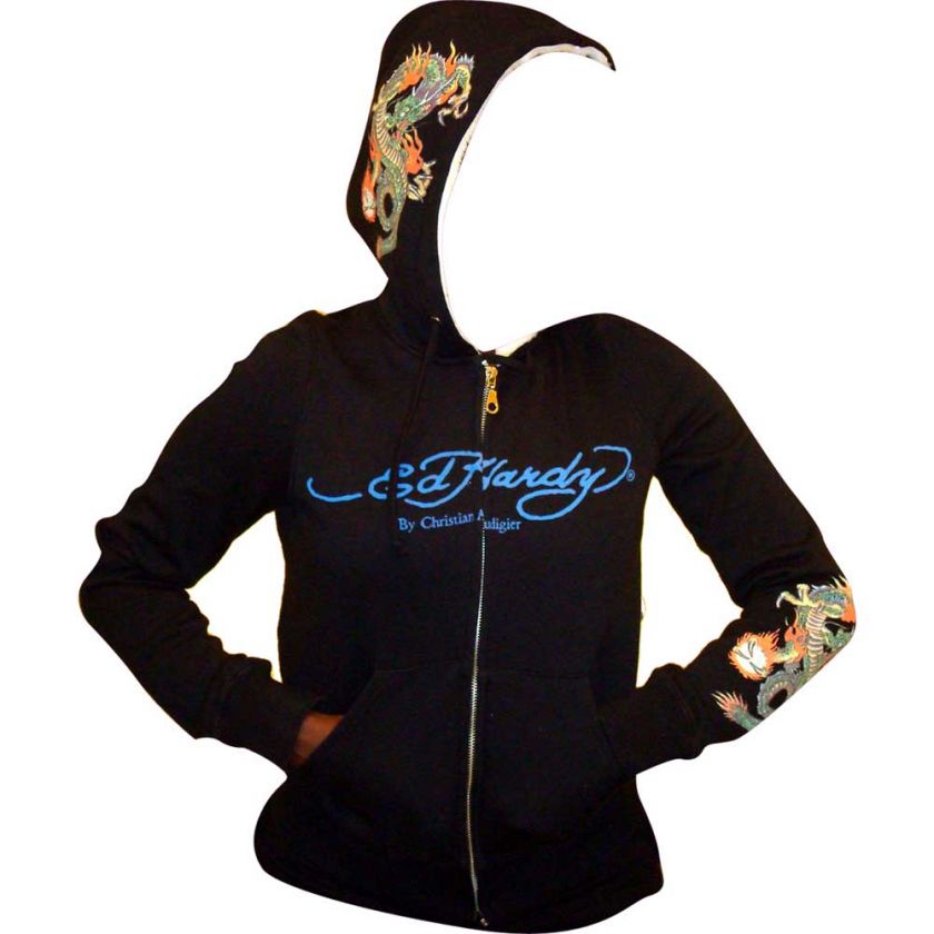 Ed Hardy Black Womens Specialty Geisha Hoodie With Fur  