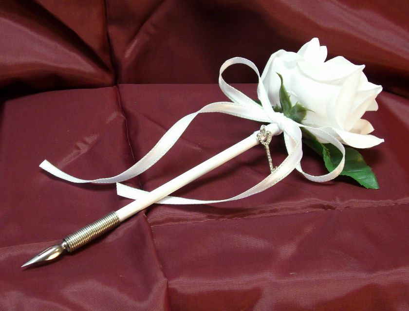 White Rose Quill Dip Pen Set w vase and scroll #2176  