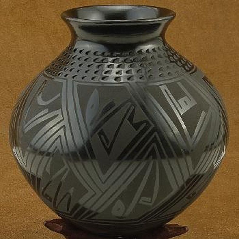 Mata Ortiz Hand Coiled Black on Black Pottery by Tomasa Mora  