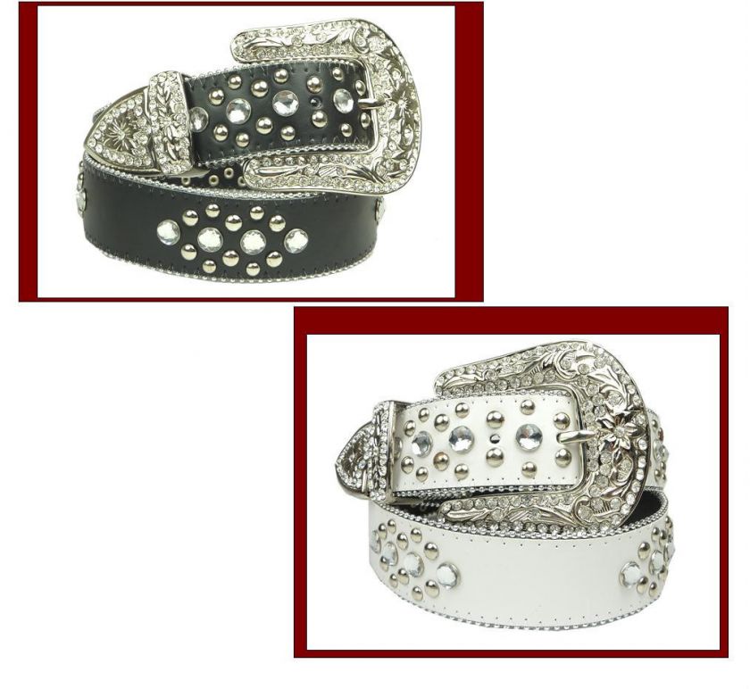 Womens Crystal Rhinestone Round Studs Leather Snap Belt  