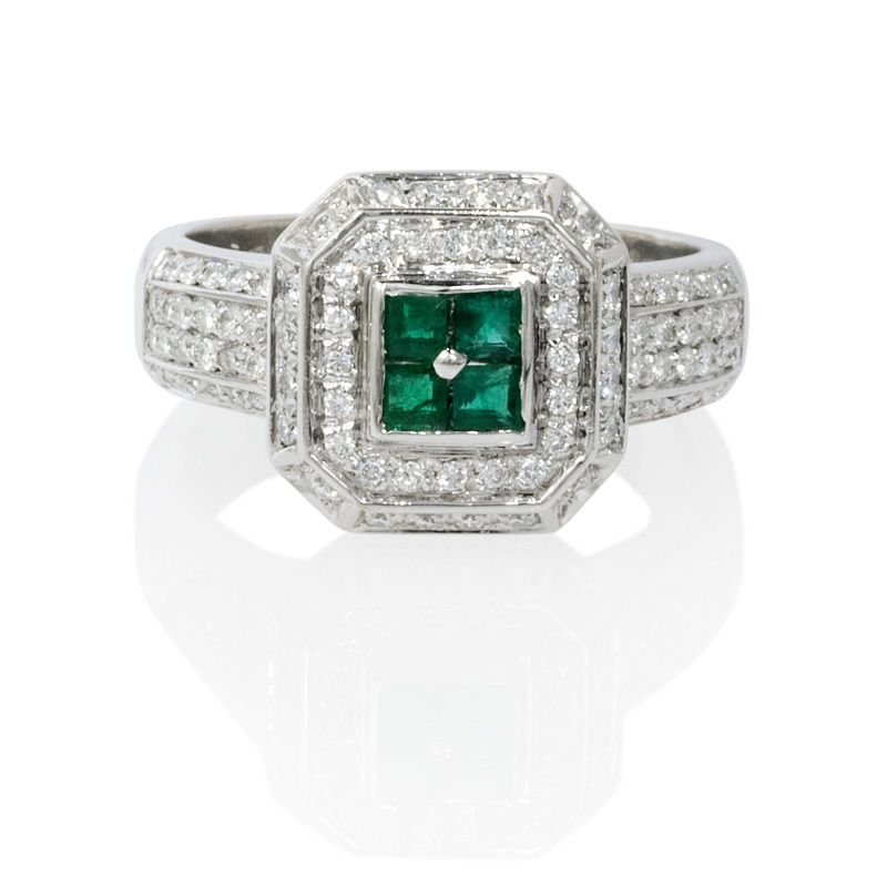 LEO PIZZO 18K WHITE GOLD DIAMOND & EMERALD RING  