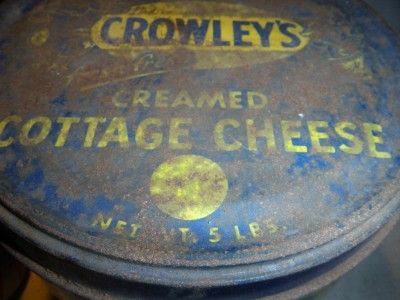 RARE ANTIQUE CROWLEYS COTTAGE CHEESE 5 LB TIN COW & BOY  