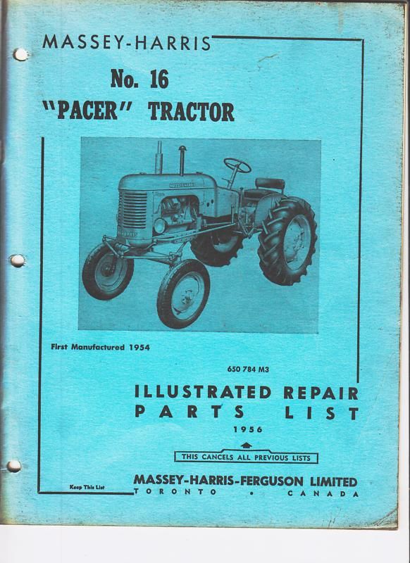 Massey Harris Model 16 Pacer Tractor Repair Parts List  