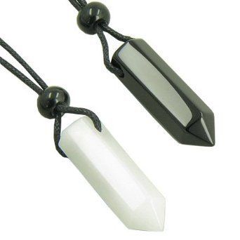 Necklaces Double Lucky Ying Yang Black Onyx, White Jade Crystals 