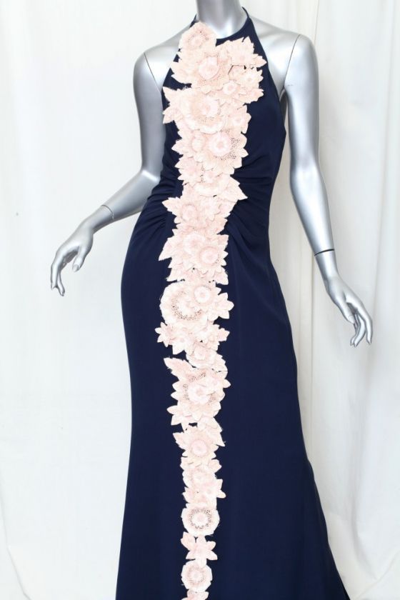 CAROLINA HERRERA Navy Blue+Pink Floral Applique Halter Neck Gown Long 