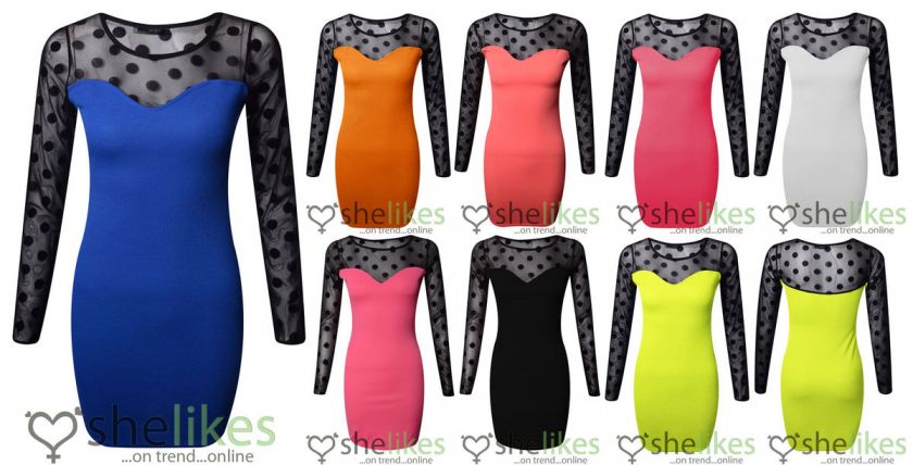   Sleeve Dress Ladies Polka Dot Flock Mesh Insert Bodycon Party Dress