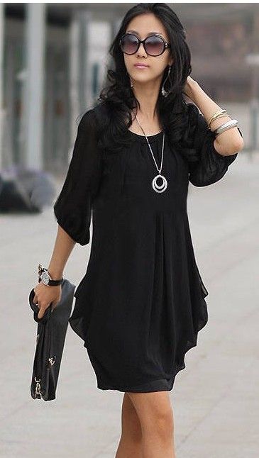 Large Size Women Lady 3/4 Sleeve Chiffon Casual Slim Mini Dress Top 