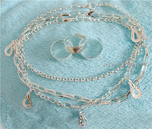   Chain Ankle Bracelets / Anklets with tear drop Charms & 3 Toe Rings