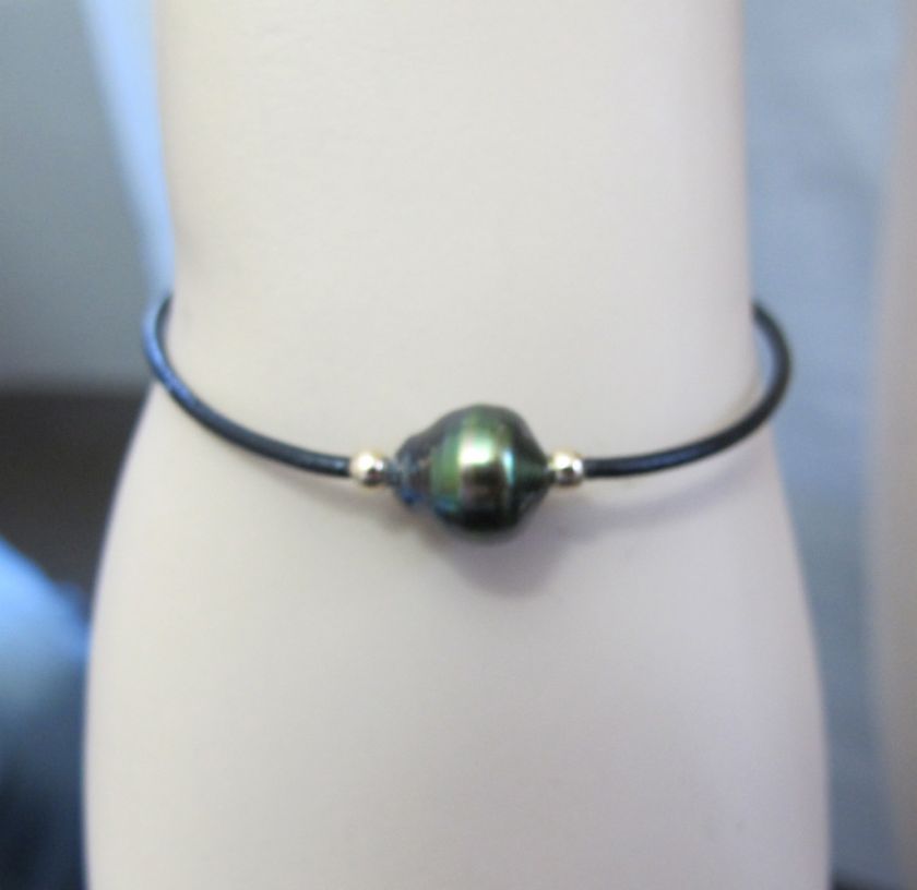 BLACK TAHITIAN PEARL BEAUTIFUL BRACELET IN TAN/TURQUOISE/BLACK LEATHER 