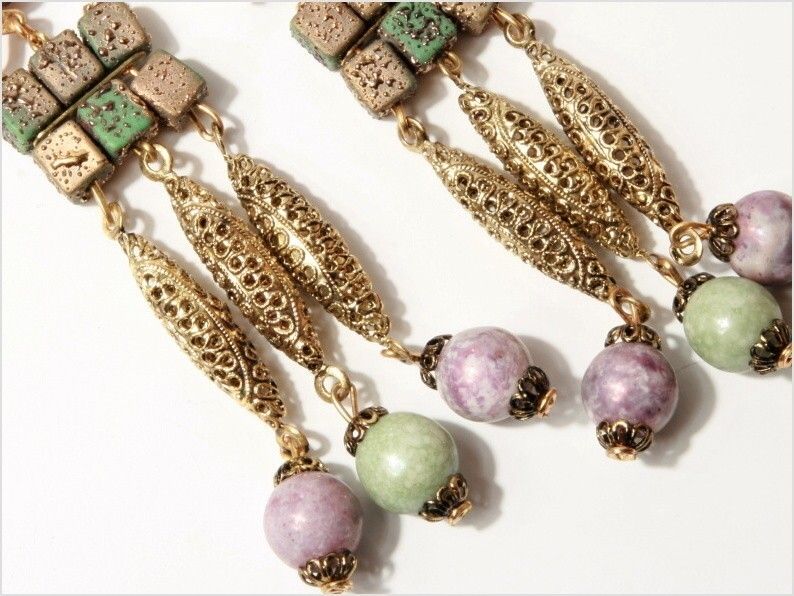 CZECH VINTAGE DANGLE DROP GOLD T EARRINGS GREEN PURPLE  