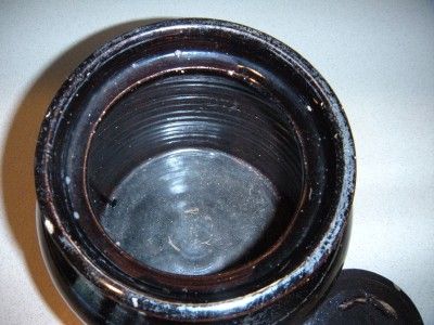 VINTAGE LIDDED POTTERY CROCK WITH LID DARK BROWN GLAZE  