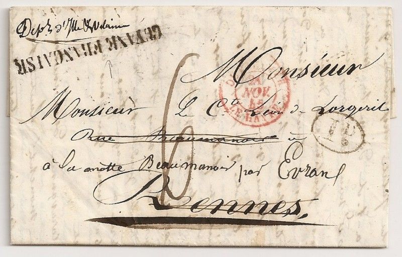 1845 FRENCH GUIANA TO FRANCE DUE COVER, RARE CANCELS   