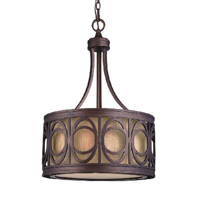 NEW 3 Light Pendant Lighting Fixture, Golden Bronze, Alba Fabric Shade 