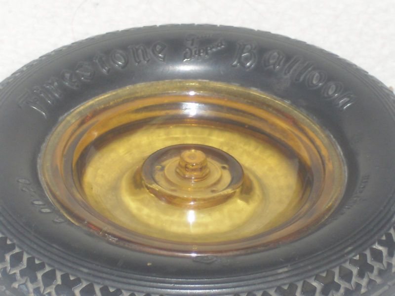 FIRESTONE BALLOON TIRE ASHTRAY  AMBER W/ RARE HUBCAP  