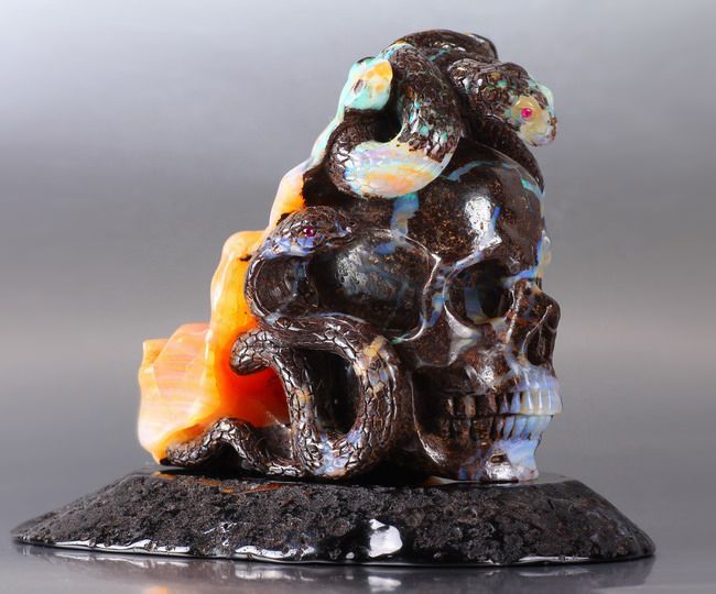 Matrix Opal Carved Crystal Skull, Gemstone, Strong Fire, Black Onyx 