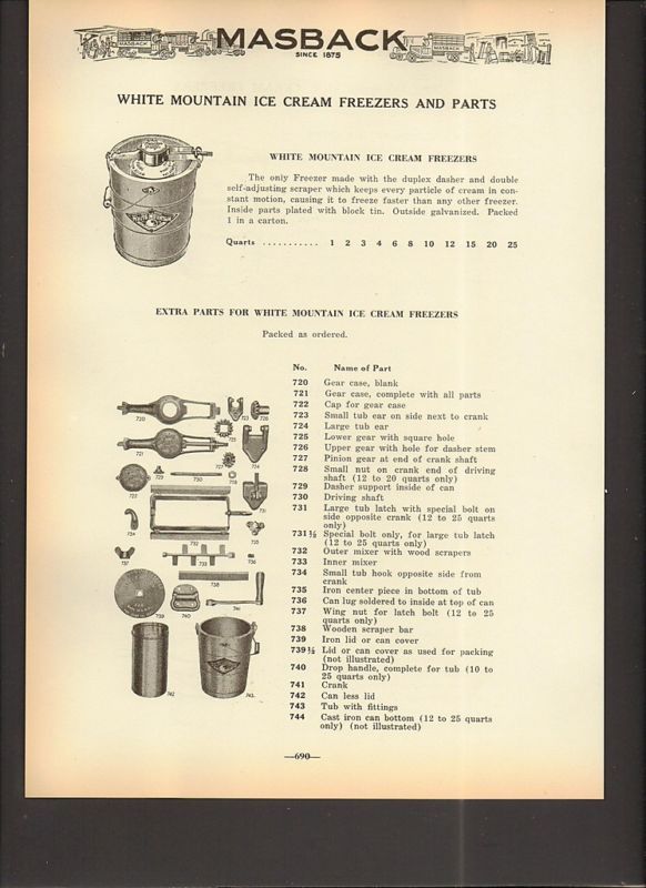 1941 White Mountain Ice Cream Freezer Maker Part List a  