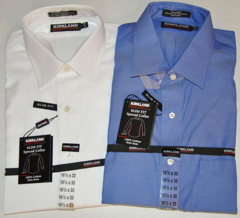 KIRKLAND Mens SLIM FIT Dress Shirt NO IRON White or Blue NEW +Many 