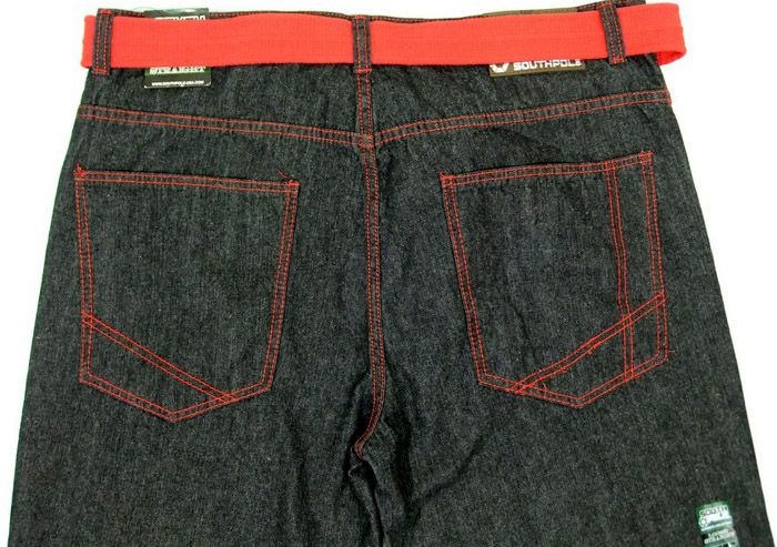 Mens South Pole Jeans Black Red Stitched w/ Belt 42x34  