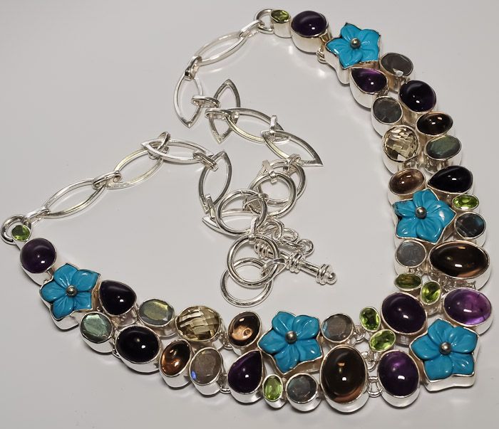   TURQUOISE FLOWER , MULTI GEM STONES .925 SILVER NECKLACE 18  