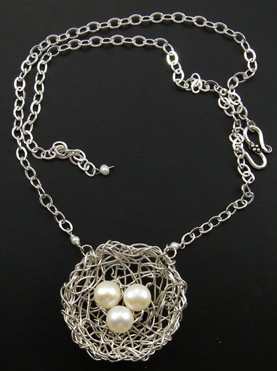 BIRDS NEST W/ FRESHWATER PEARL EGGS PENDANT .925 STERLING SILVER 