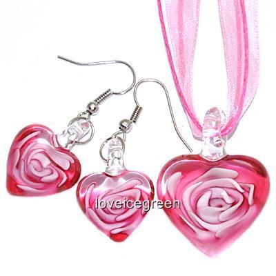   Heart Lampwork Murano Glass Bead Pendant Ribbon Necklace Cord  