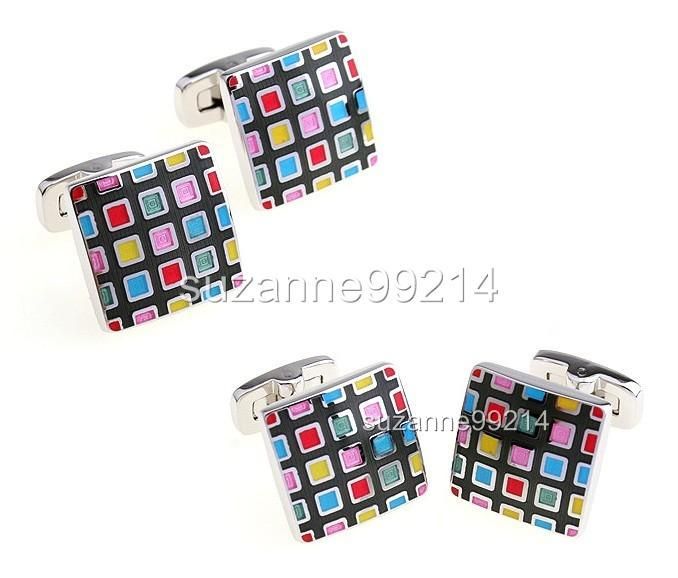 Multi Colors Grid Art Sqaure Platinum Steel Cuff Links  