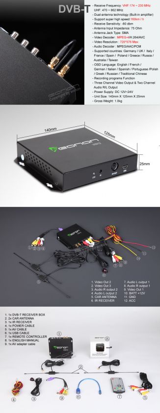 V0012 Eonon Mobile Dgital DVB T TV Car Reveiver Box MPEG 4 Decoder USB 