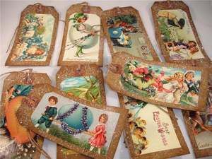 10~VINTAGE~EASTER TAGS~PRIMITIVE~GRUNGY ~ZNE~FOLK~1  