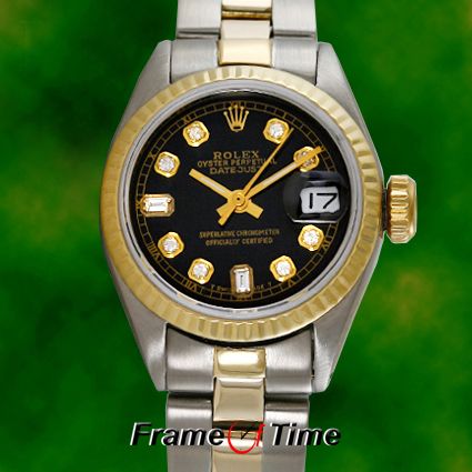 ROLEX Ladies Gold Oyster Datejust Black Diamond Watch  